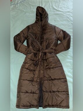 Long Quilted Hooded Puffer Coat in Dark Brown